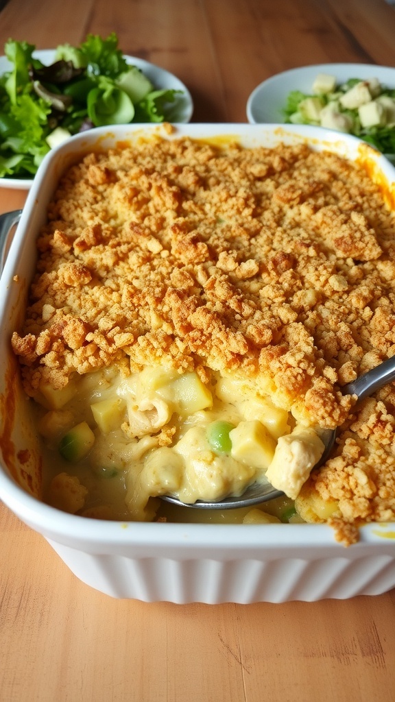 A baked chicken casserole with a golden breadcrumb topping, served on a wooden table.